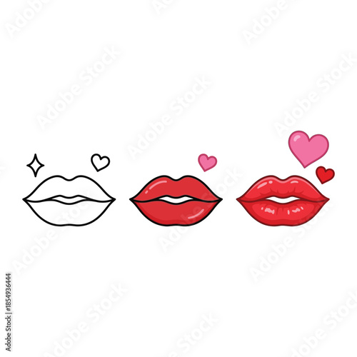 Three sets of lips with hearts and sparkles