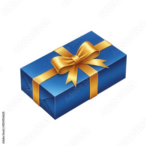 Beautifully wrapped blue PNG Transparent gift box with golden ribbon