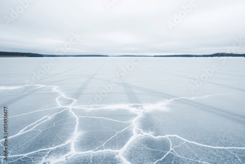Minimal winter landscape of a frozen lake with delicate cracked ice patterns under an overcast sky, serene cold atmosphere emphasizing stillness, purity, vast space, and natural icy textures