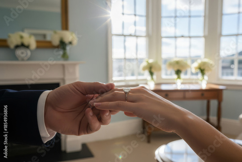 Romantic engagement moment as a man gently places a diamond ring on a woman’s finger in a bright elegant interior, symbolizing love, commitment, proposal, and the beginning of marriage.