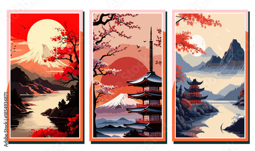 Japanese landscape banner set with Mount Fuji, pagoda, and cherry blossoms. Traditional oriental scenery with sun and lake in retro flat vector style for travel posters
