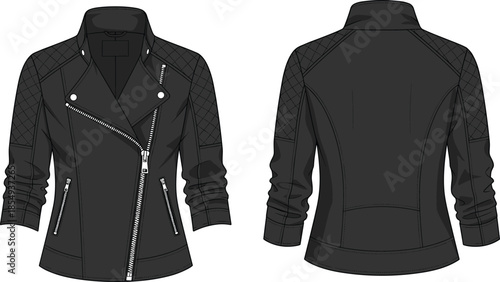 Black women's biker jacket technical sketch, asymmetrical zipper, ruched sleeves, quilted shoulder, fashion garment front and back view, apparel vector