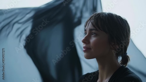 A woman gazes to the side, short wet hair, against a textured, dark backdrop