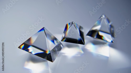 Three clear, triangular prisms refract light, displaying spectral colors and shadows against a grey background