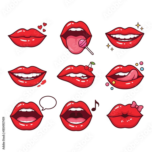 Illustrations of expressive red lips in various poses