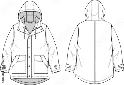 Hooded jacket technical sketch front and back view, snap button placket, patch pockets, adjustable cuffs, fashion flat, vector drawing