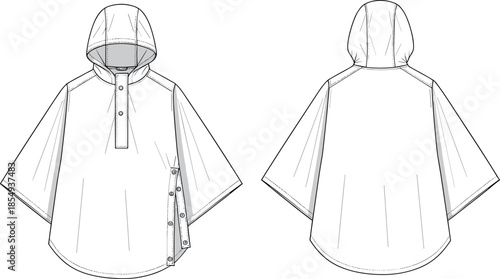 Hooded poncho technical sketch front and back view, button placket, side opening, fashion garment vector for apparel design and catalog