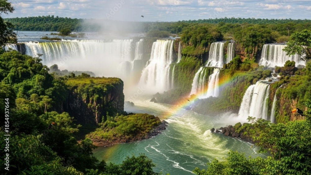 Obraz premium A breathtaking view of a large waterfall system with a vibrant rainbow in the misty surroundings.