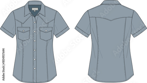 Short sleeve button-up shirt technical sketch, front and back view, chest pockets, pointed collar, yoke detail, fashion flat, vector drawing
