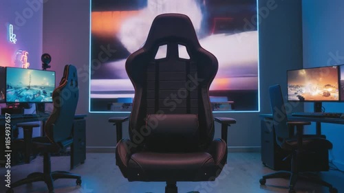 Modern Gaming Room with Multiple Setups and Dynamic Neon Lighting