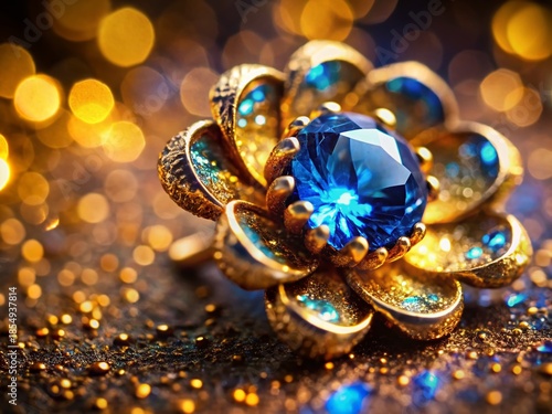 Macro Photography: Blue Gemstone in Golden Flower, Black Gold Background