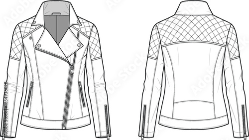 Women's biker jacket technical sketch, asymmetrical zipper, quilted shoulder detail, zip pockets, fashion garment front and back view, apparel vector
