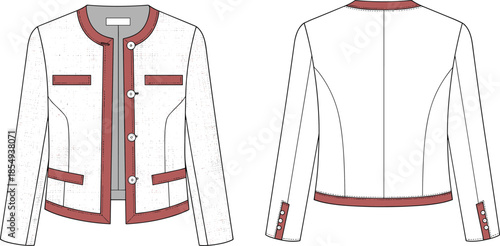 Women's cropped jacket fashion illustration, front and back view, round neckline, button-down closure, welt pockets, technical sketch, apparel design