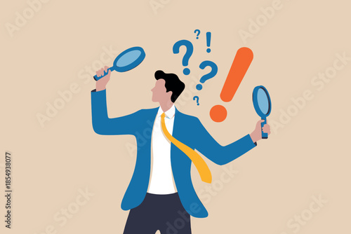 Person holding multiple magnifying glasses and question marks