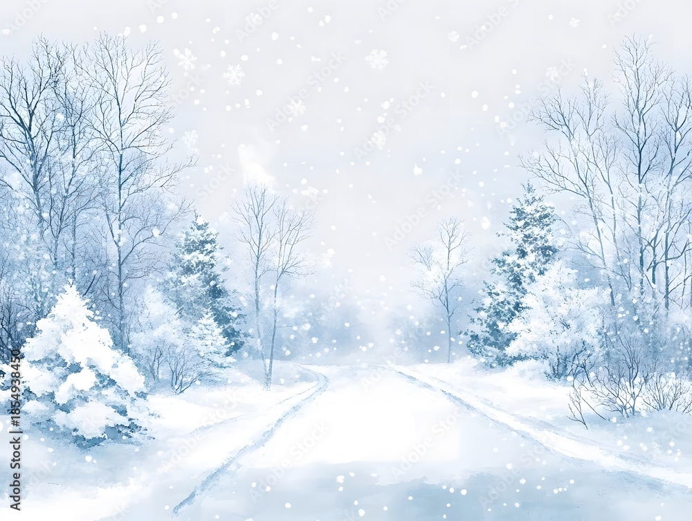 Fototapeta premium Serene Winter Path: Soft Watercolor Illustration of a Snowy Forest Road with Falling Snow