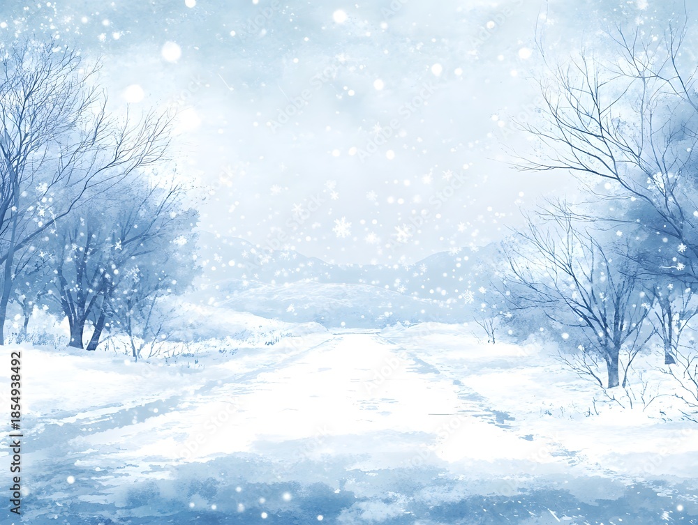 Fototapeta premium Serene Winter Path: Soft Watercolor Illustration of a Snowy Forest Road with Falling Snow