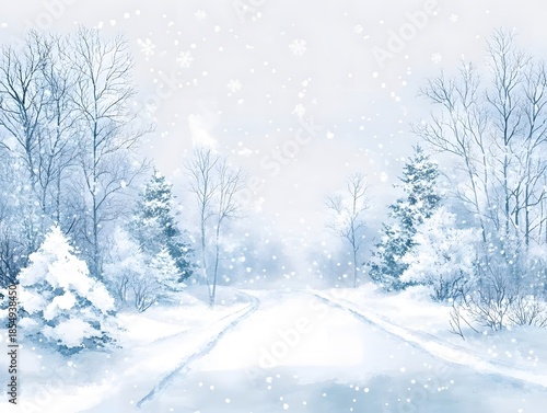 Serene Winter Path: Soft Watercolor Illustration of a Snowy Forest Road with Falling Snow