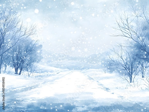 Serene Winter Path: Soft Watercolor Illustration of a Snowy Forest Road with Falling Snow