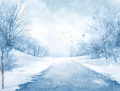 Serene Winter Path: Soft Watercolor Illustration of a Snowy Forest Road with Falling Snow