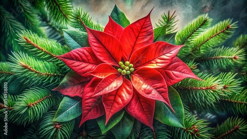 Macro Photography: Red Poinsettia & Evergreen Watercolor Painting