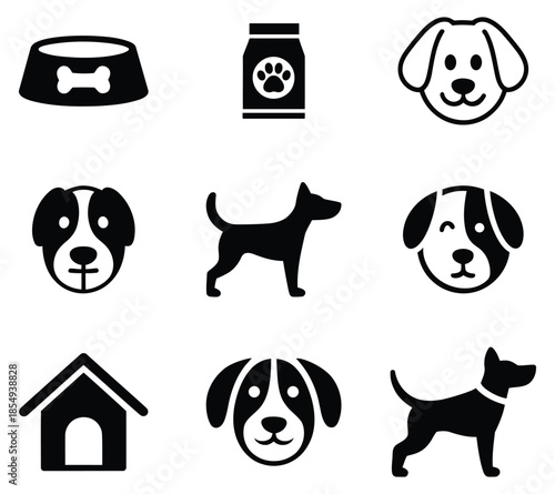 Dog care and pet essentials icons. food, bowls, faces, house vectors. set of dogs