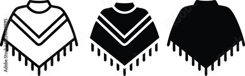 Traditional Fringed Poncho Outerwear Apparel Clothing For Seasonal Weather Fashion Retail And Cultural Garment Design Vector Silhouette and Pictogram Icon Set.eps