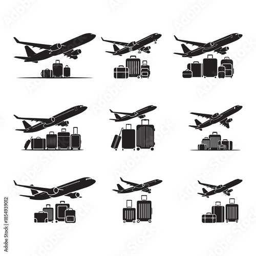 Black Color Airplane & Luggage Travel Concept Silhouette Vector Illustration, Solid White Background.