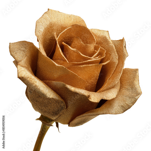 Champagne Gold Foil Rose. Crumpled Metallic Flower with Glitter Dust Isolated on White