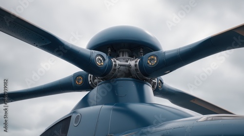Close-Up View of Helicopter Rotor System and Engine Components with Dark Blue Finish Against Cloudy Sky Background