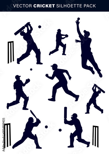 Cricket batsman silhouettes set with various batting poses, Professional cricket player action vector silhouettes pack, Vector cricket batting icons for sports tournament design, Set of cricket player