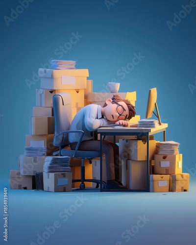Tired cartoon office worker sleeping at desk with paperwork and boxes — work overload concept, modern minimal illustration