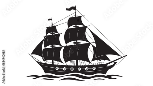 A black and white silhouette illustration of a historic sailing ship with three masts.  
