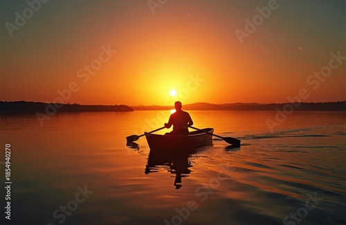 Man rows boat on calm water during orange sunset silhouette. Peaceful scene at dusk with gentle waves reflecting suns golden light. Lone figure enjoys quiet moment.