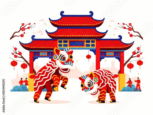 Vector flat design illustration of two lion dancers in front of a traditional Chinese gate with red lanterns and cherry blossoms on a white background.