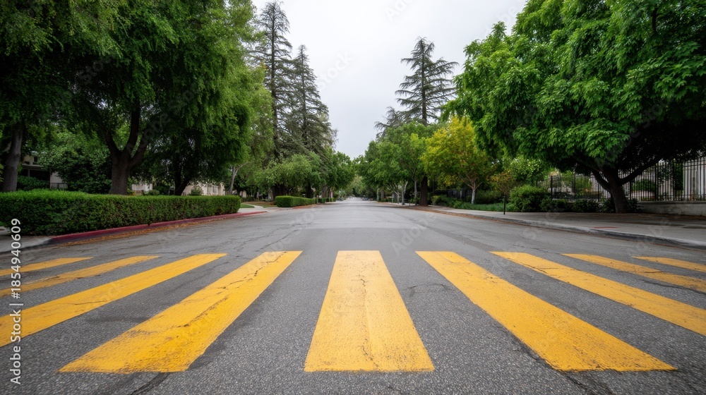 Obraz premium Serene Urban Street with Yellow Crosswalk Under Overcast Sky Surrounded by Lush Green Trees and Calm Atmosphere in City Neighborhood