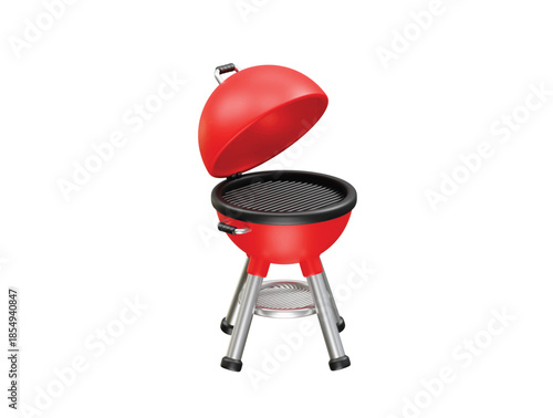 Red Charcoal Barbecue Grill with Open Lid icon illustration 3d rendering