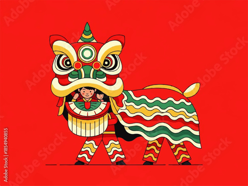 Vector flat design illustration of a colorful lion dance performance with a red background and vibrant green, yellow, and red costume.