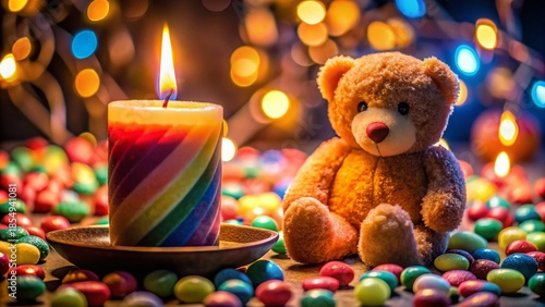 Macro Shot: Teddy Bear, Candlelight, and Sweet Treats