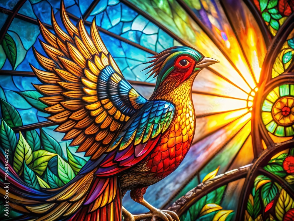 Obraz premium Macro Stained Glass Mythical Bird Sunburst - Fantasy Art