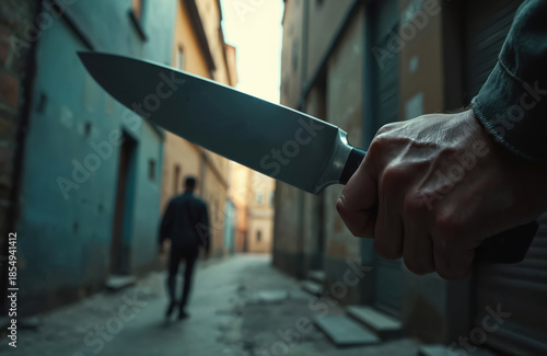 Man holds sharp knife ready to attack another man walking down narrow city alley at night. Threatening scene evokes danger and fear in urban street.