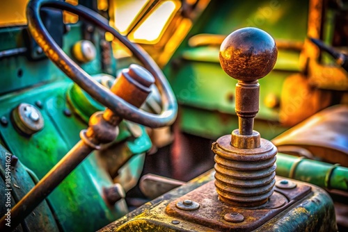 Macro Tractor Gear Shift: Intricate Details & Rugged Texture of Farm Machinery