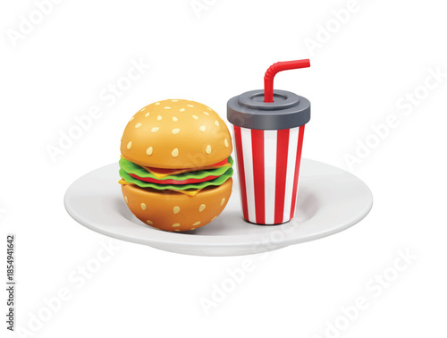 Burger and Soda Meal icon 3d rendering illustration