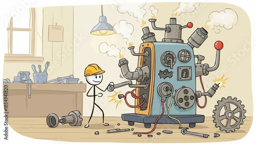 Stick figure mechanic repairs complex steampunk machine with tools and gears.