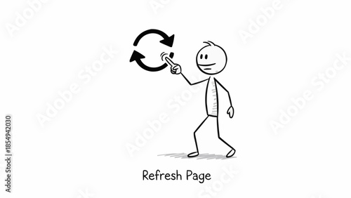 Stick figure pressing refresh button with circular arrows icon.