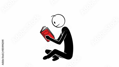 Stick figure reading a book while sitting down.
