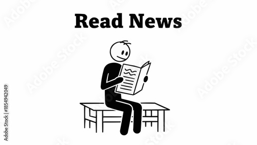 Stick figure reading a newspaper while sitting on a bench.