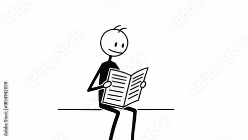 Stick figure reading an open book on a white background.