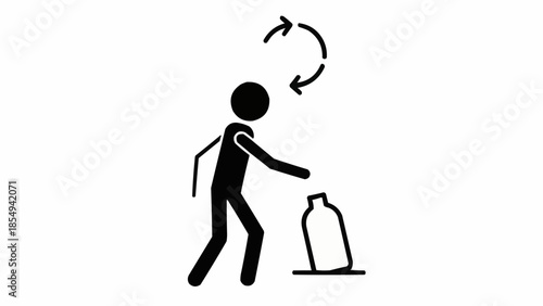 Stick figure recycling plastic bottle with recycling arrows above.