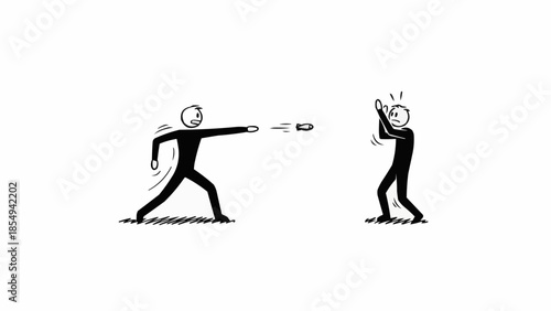 Stick figure shooting another stick figure with a gun.