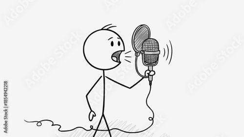 Stick figure speaking into a vintage microphone with sound waves.